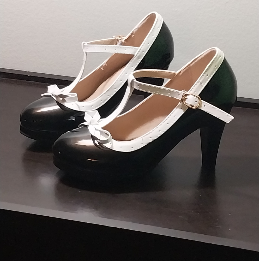 Black and White patent T-strap heels